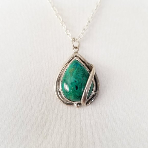 Teal Green Blue Agate Teardrop Gemstone & Sterling Necklace - Picture 2 of 14